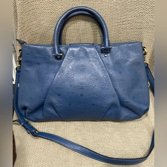 MCM Embossed Blue Leather Bag with original crossbody strap